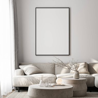 Çerçeve modeli, ISO. Kağıt boyutunda. Oturma odasının poster modeli. Evin arka planına sahip iç modeller. Modern iç tasarım. 3 Boyutlu Hazırlama