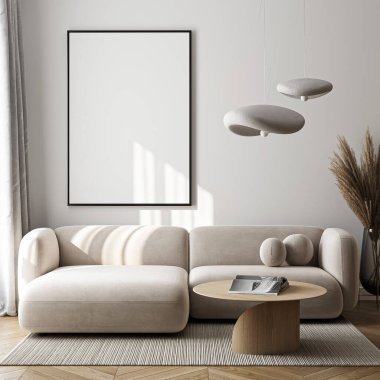 Çerçeve modeli, ISO. Kağıt boyutunda. Oturma odasının poster modeli. Evin arka planına sahip iç modeller. Modern iç tasarım. 3 Boyutlu Hazırlama