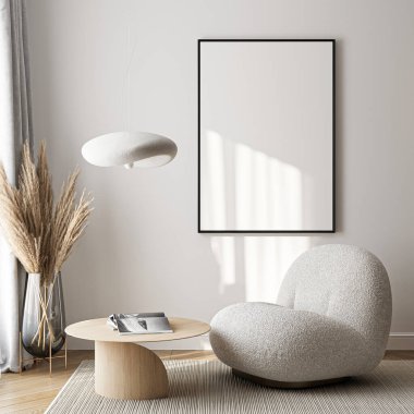 Çerçeve modeli, ISO. Kağıt boyutunda. Oturma odasının poster modeli. Evin arka planına sahip iç modeller. Modern iç tasarım. 3 Boyutlu Hazırlama