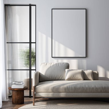 Çerçeve modeli, ISO. Kağıt boyutunda. Oturma odasının poster modeli. Evin arka planına sahip iç modeller. Modern iç tasarım. 3 Boyutlu Hazırlama