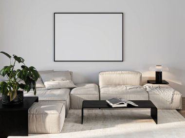 Çerçeve modeli, ISO. Kağıt boyutunda. Oturma odasının poster modeli. Evin arka planına sahip iç modeller. Modern iç tasarım. 3 Boyutlu Hazırlama