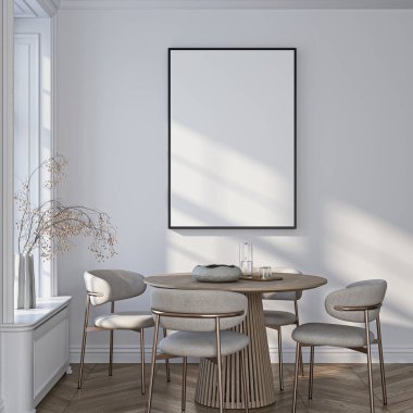 Çerçeve modeli, ISO. Kağıt boyutunda. Oturma odasının poster modeli. Evin arka planına sahip iç modeller. Modern iç tasarım. 3 Boyutlu Hazırlama