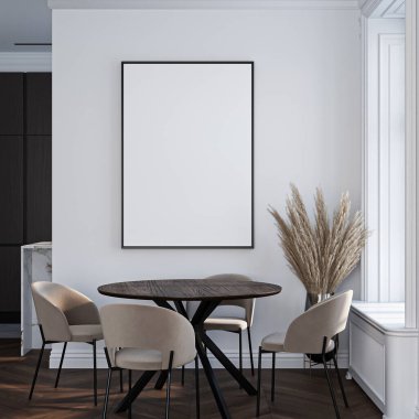 Çerçeve modeli, ISO. Kağıt boyutunda. Oturma odasının poster modeli. Evin arka planına sahip iç modeller. Modern iç tasarım. 3 Boyutlu Hazırlama