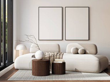 Çerçeve modeli, ISO. Kağıt boyutunda. Oturma odasının poster modeli. Evin arka planına sahip iç modeller. Modern iç tasarım. 3 Boyutlu Hazırlama