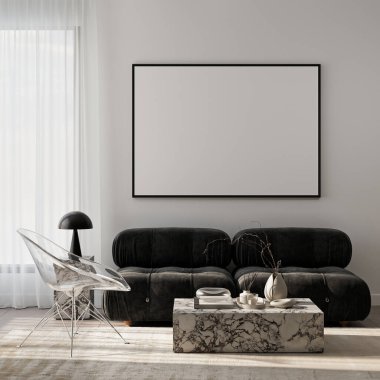 Çerçeve modeli, ISO. Kağıt boyutunda. Oturma odasının poster modeli. Evin arka planına sahip iç modeller. Modern iç tasarım. 3 Boyutlu Hazırlama