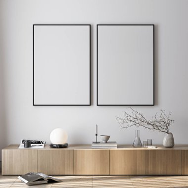 Çerçeve modeli, ISO. Kağıt boyutunda. Oturma odasının poster modeli. Evin arka planına sahip iç modeller. Modern iç tasarım. 3 Boyutlu Hazırlama