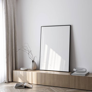 Çerçeve modeli, ISO. Kağıt boyutunda. Oturma odasının poster modeli. Evin arka planına sahip iç modeller. Modern iç tasarım. 3 Boyutlu Hazırlama