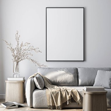Çerçeve modeli, ISO. Kağıt boyutunda. Oturma odasının poster modeli. Evin arka planına sahip iç modeller. Modern iç tasarım. 3 Boyutlu Hazırlama