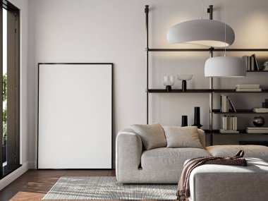 Çerçeve modeli, ISO. Kağıt boyutunda. Oturma odasının poster modeli. Evin arka planına sahip iç modeller. Modern iç tasarım. 3 Boyutlu Hazırlama