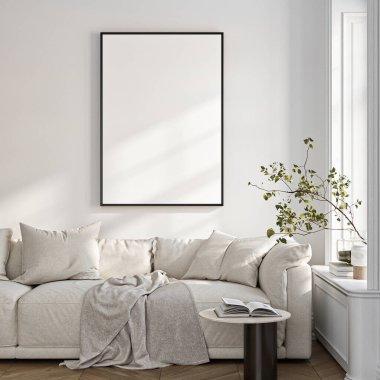 Çerçeve modeli, ISO. Kağıt boyutunda. Oturma odasının poster modeli. Evin arka planına sahip iç modeller. Modern iç tasarım. 3 Boyutlu Hazırlama