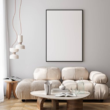 Çerçeve modeli, ISO. Kağıt boyutunda. Oturma odasının poster modeli. Evin arka planına sahip iç modeller. Modern iç tasarım. 3 Boyutlu Hazırlama