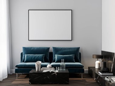 Çerçeve modeli, ISO. Kağıt boyutunda. Oturma odasının poster modeli. Evin arka planına sahip iç modeller. Modern iç tasarım. 3 Boyutlu Hazırlama