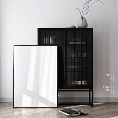 Çerçeve modeli, ISO. Kağıt boyutunda. Oturma odasının poster modeli. Evin arka planına sahip iç modeller. Modern iç tasarım. 3 Boyutlu Hazırlama