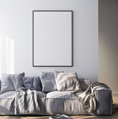 Çerçeve modeli, ISO. Kağıt boyutunda. Oturma odasının poster modeli. Evin arka planına sahip iç modeller. Modern iç tasarım. 3 Boyutlu Hazırlama