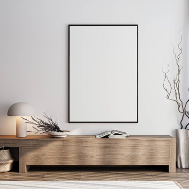 Çerçeve modeli, ISO. Kağıt boyutunda. Oturma odasının poster modeli. Evin arka planına sahip iç modeller. Modern iç tasarım. 3 Boyutlu Hazırlama