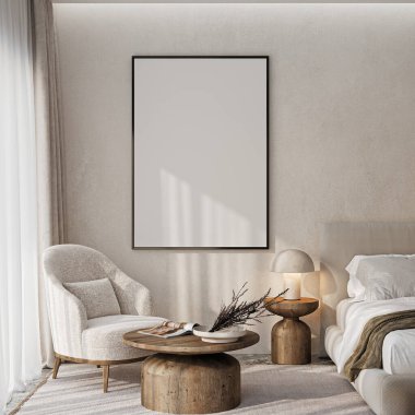 Çerçeve modeli, ISO. Kağıt boyutunda. Oturma odasının poster modeli. Evin arka planına sahip iç modeller. Modern iç tasarım. 3 Boyutlu Hazırlama