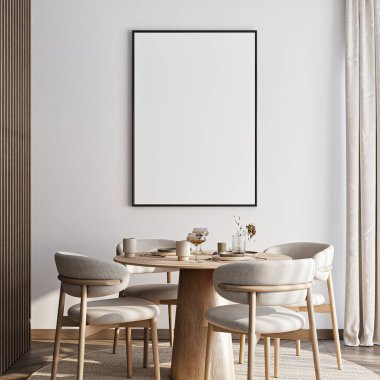 Çerçeve modeli, ISO. Kağıt boyutunda. Oturma odasının poster modeli. Evin arka planına sahip iç modeller. Modern iç tasarım. 3 Boyutlu Hazırlama