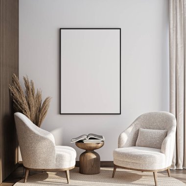 Çerçeve modeli, ISO. Kağıt boyutunda. Oturma odasının poster modeli. Evin arka planına sahip iç modeller. Modern iç tasarım. 3 Boyutlu Hazırlama