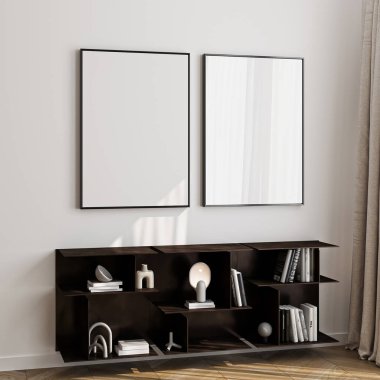 Çerçeve modeli, ISO. Kağıt boyutunda. Oturma odasının poster modeli. Evin arka planına sahip iç modeller. Modern iç tasarım. 3 Boyutlu Hazırlama