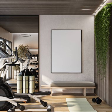 Çerçeve modeli, ISO. Kağıt boyutunda. Spor salonu posterinin modeli. Evin arka planına sahip iç modeller. Modern iç tasarım. 3 Boyutlu Hazırlama