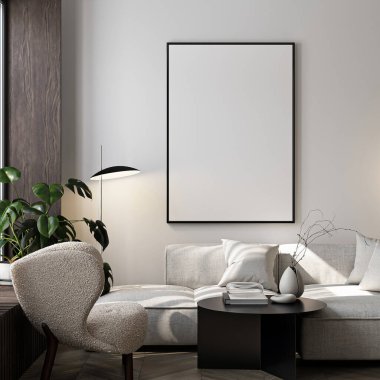 Çerçeve modeli, ISO. Kağıt boyutunda. Oturma odasının poster modeli. Evin arka planına sahip iç modeller. Modern iç tasarım. 3 Boyutlu Hazırlama