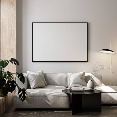 Çerçeve modeli, ISO. Kağıt boyutunda. Oturma odasının poster modeli. Evin arka planına sahip iç modeller. Modern iç tasarım. 3 Boyutlu Hazırlama