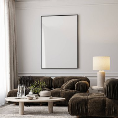 Çerçeve modeli, ISO. Kağıt boyutunda. Oturma odasının poster modeli. Evin arka planına sahip iç modeller. Modern iç tasarım. 3 Boyutlu Hazırlama