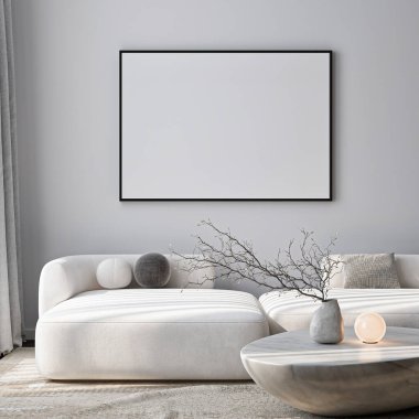 Çerçeve modeli, ISO. Kağıt boyutunda. Oturma odasının poster modeli. Evin arka planına sahip iç modeller. Modern iç tasarım. 3 Boyutlu Hazırlama