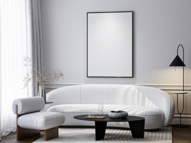 Çerçeve modeli, ISO. Kağıt boyutunda. Oturma odasının poster modeli. Evin arka planına sahip iç modeller. Modern iç tasarım. 3 Boyutlu Hazırlama