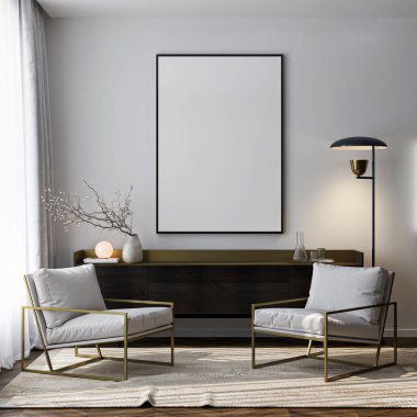 Çerçeve modeli, ISO. Kağıt boyutunda. Oturma odasının poster modeli. Evin arka planına sahip iç modeller. Modern iç tasarım. 3 Boyutlu Hazırlama