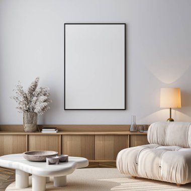 Çerçeve modeli, ISO. Kağıt boyutunda. Oturma odasının poster modeli. Evin arka planına sahip iç modeller. Modern iç tasarım. 3 Boyutlu Hazırlama