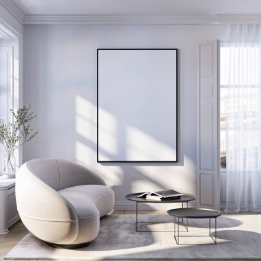 Çerçeve modeli, ISO. Kağıt boyutunda. Oturma odasının poster modeli. Evin arka planına sahip iç modeller. Modern iç tasarım. 3 Boyutlu Hazırlama