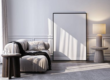 Çerçeve modeli, ISO. Kağıt boyutunda. Oturma odasının poster modeli. Evin arka planına sahip iç modeller. Modern iç tasarım. 3 Boyutlu Hazırlama