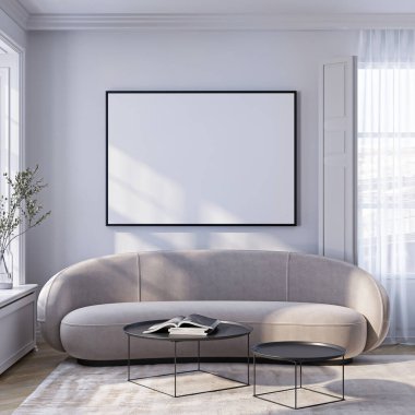 Çerçeve modeli, ISO. Kağıt boyutunda. Oturma odasının poster modeli. Evin arka planına sahip iç modeller. Modern iç tasarım. 3 Boyutlu Hazırlama