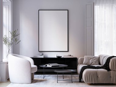 Çerçeve modeli, ISO. Kağıt boyutunda. Oturma odasının poster modeli. Evin arka planına sahip iç modeller. Modern iç tasarım. 3 Boyutlu Hazırlama