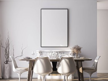 Çerçeve modeli, ISO. Kağıt boyutunda. Oturma odasının poster modeli. Evin arka planına sahip iç modeller. Modern iç tasarım. 3 Boyutlu Hazırlama