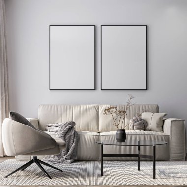 Çerçeve modeli, ISO. Kağıt boyutunda. Oturma odasının poster modeli. Evin arka planına sahip iç modeller. Modern iç tasarım. 3 Boyutlu Hazırlama