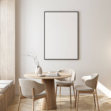 Çerçeve modeli, ISO. Kağıt boyutunda. Oturma odasının poster modeli. Evin arka planına sahip iç modeller. Modern iç tasarım. 3 Boyutlu Hazırlama