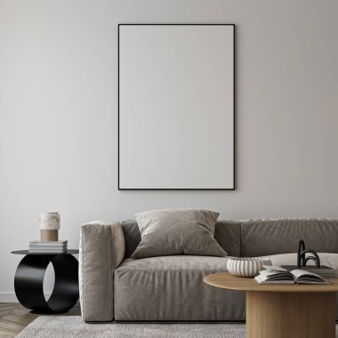 Çerçeve modeli, ISO. Kağıt boyutunda. Oturma odasının poster modeli. Evin arka planına sahip iç modeller. Modern iç tasarım. 3 Boyutlu Hazırlama