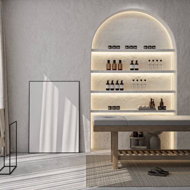 Çerçeve modeli, ISO. Kağıt boyutunda. SPA duvar posteri modeli. Sağlık merkezinin arka planına sahip iç modeller. Modern iç tasarım. 3 Boyutlu Hazırlama