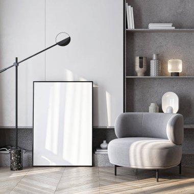 Çerçeve modeli, ISO. Kağıt boyutunda. Oturma odasının poster modeli. Evin arka planına sahip iç modeller. Modern iç tasarım. 3 Boyutlu Hazırlama