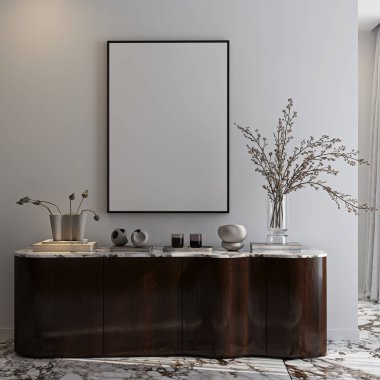 Çerçeve modeli, ISO. Kağıt boyutunda. Oturma odasının poster modeli. Evin arka planına sahip iç modeller. Modern iç tasarım. 3 Boyutlu Hazırlama