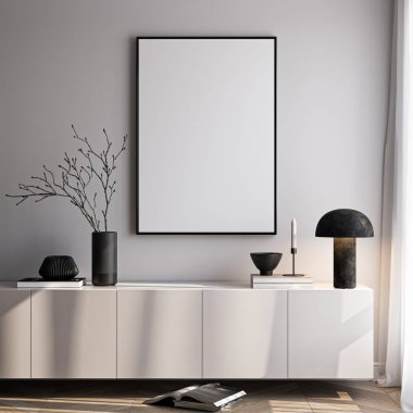 Çerçeve modeli, ISO. Kağıt boyutunda. Oturma odasının poster modeli. Evin arka planına sahip iç modeller. Modern iç tasarım. 3 Boyutlu Hazırlama