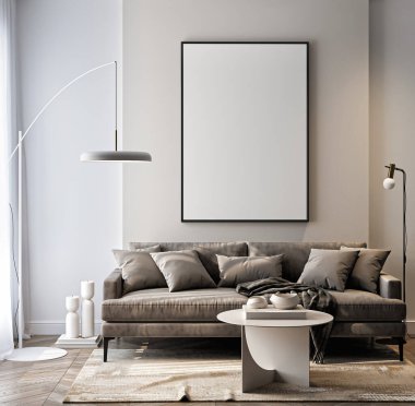 Çerçeve modeli, ISO. Kağıt boyutunda. Oturma odasının poster modeli. Evin arka planına sahip iç modeller. Modern iç tasarım. 3 Boyutlu Hazırlama