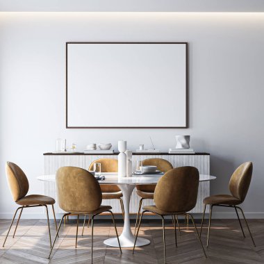 Modern bir oturma odasının içinde poster modeli. ISO 'lu çerçeve modeli. Kağıt boyutunda. 3B illüstrasyon.
