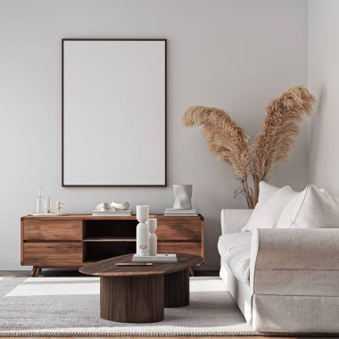 Modern bir oturma odasının içinde poster modeli. ISO 'lu çerçeve modeli. Kağıt boyutunda. 3B illüstrasyon.