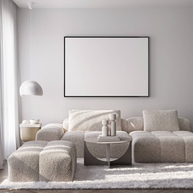 Modern bir oturma odasının içinde poster modeli. ISO 'lu çerçeve modeli. Kağıt boyutunda. 3B illüstrasyon.