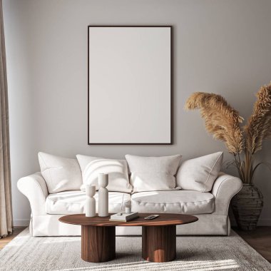 Modern bir oturma odasının içinde poster modeli. ISO 'lu çerçeve modeli. Kağıt boyutunda. 3B illüstrasyon.