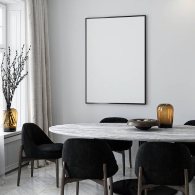 Modern bir oturma odasının içinde poster modeli. ISO 'lu çerçeve modeli. Kağıt boyutunda. 3B illüstrasyon.