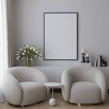 Modern bir oturma odasının içinde poster modeli. ISO 'lu çerçeve modeli. Kağıt boyutunda. 3B illüstrasyon.